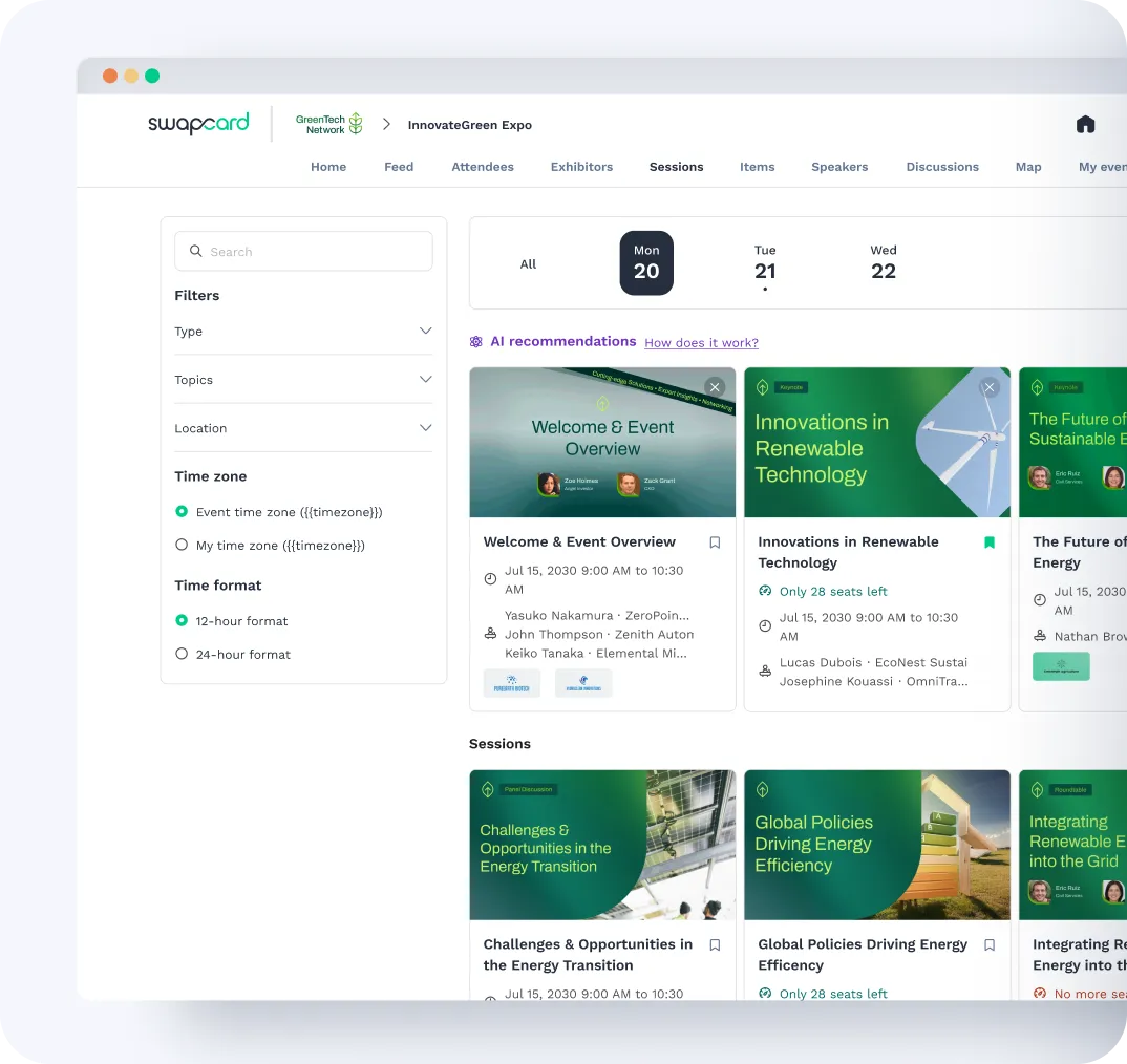 Swapcard web platform showing personalized agenda with ai recommended sessions and filtering enabled.