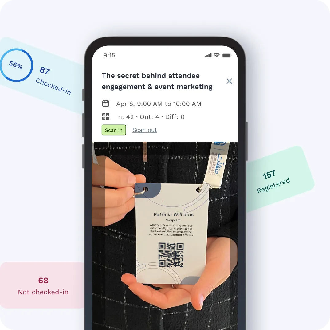 Scanning attendee badge to enter session with metrics showing check-ins v. registration in SwapAccess app.
