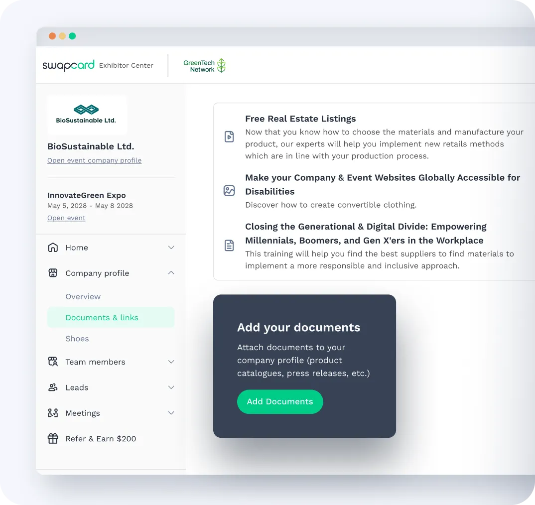 Swapcard Web app showing how to add documents and session materials to the event.