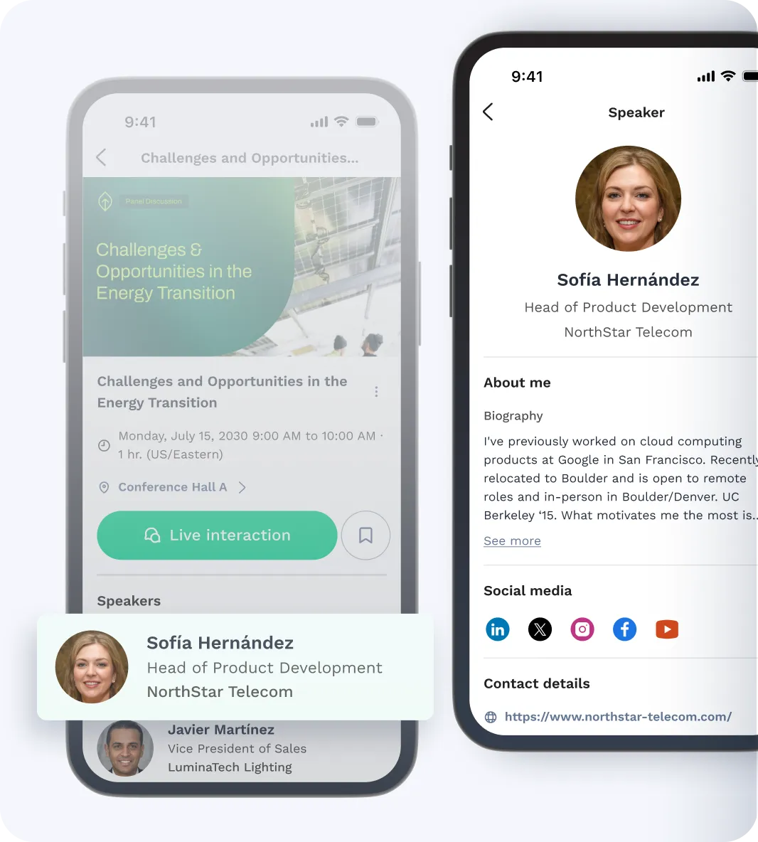 Swapcard mobile app showing speaker info below session and the ability to see more details about them.