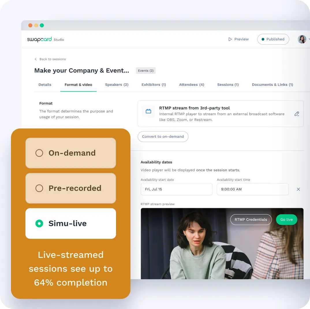 Swapcard studio app showing types of sessions you can create including on-demand, pre-recorded and simu-live.