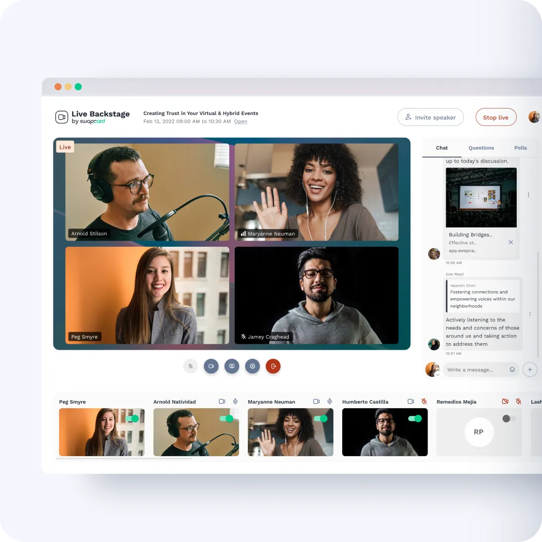 Live backstage showing four speakers and attendee chat. 