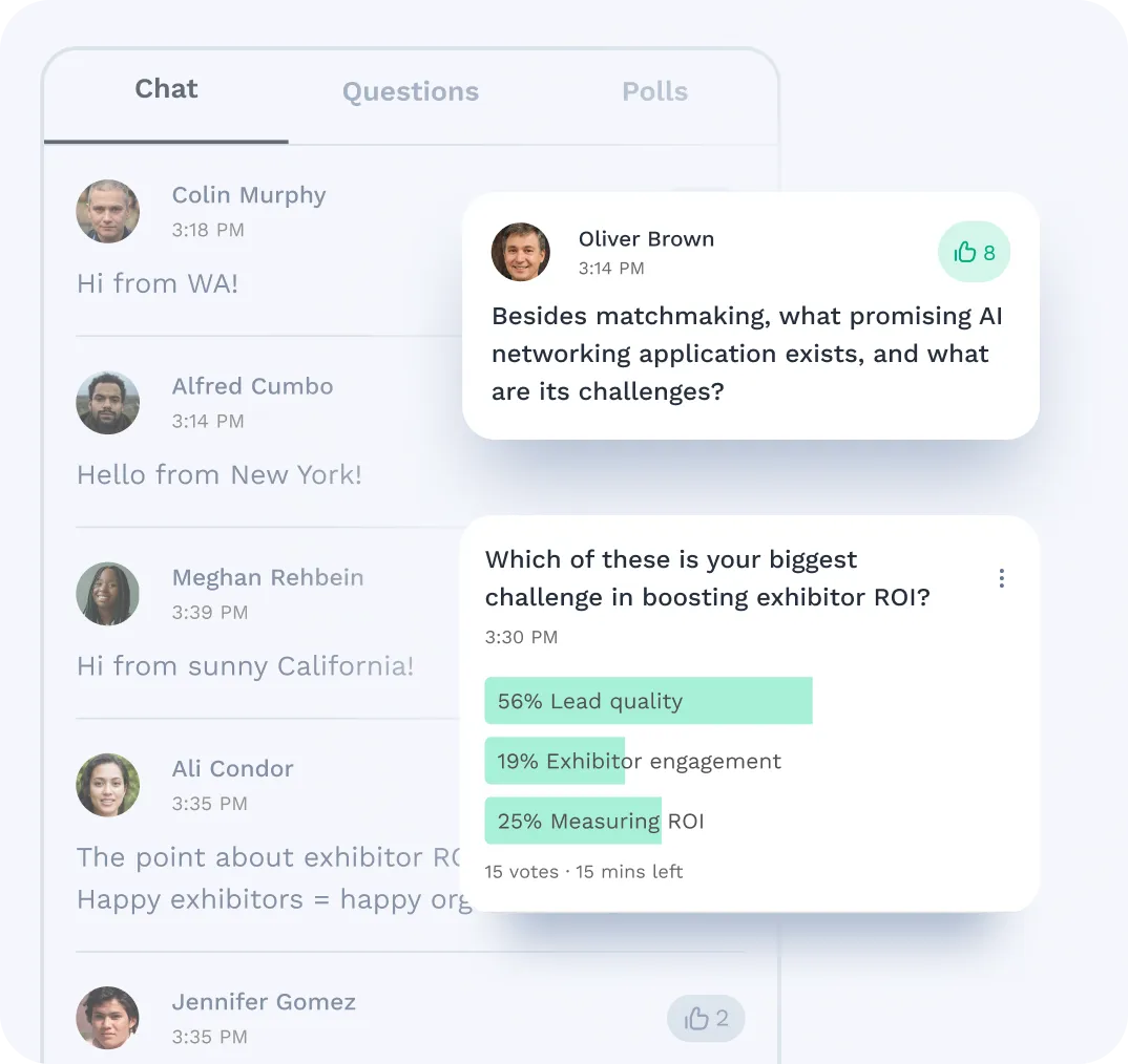 Session interactions on Swapcard app showing questions, polls and live chat.