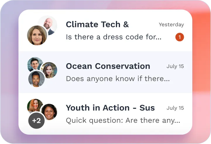 Swapcard app highlighting group discussions and forums for specific topics.
