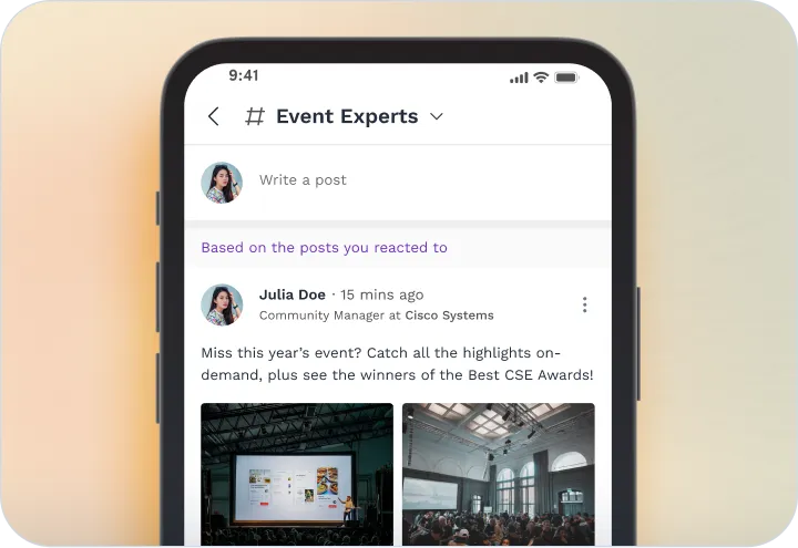 Swapcard mobile app showing event newsfeed and post-event publishing.