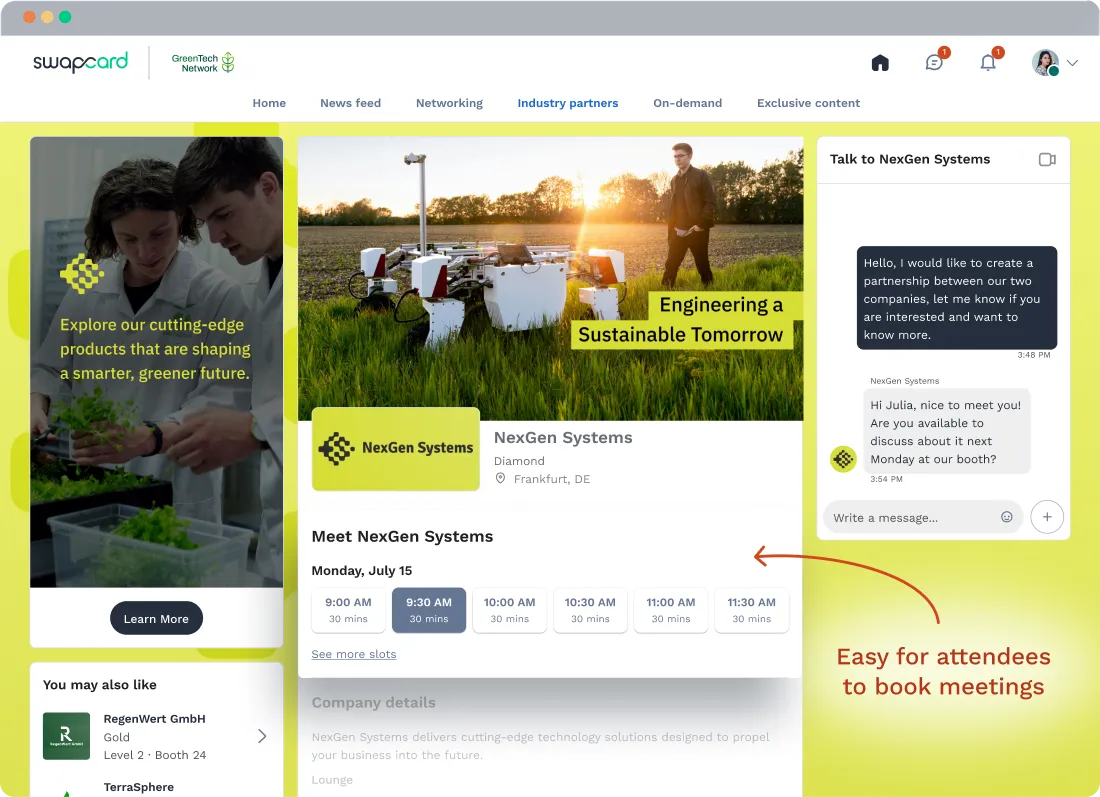 Exhibitor's online booth showing ability to chat with sponsor and book meeting directly.