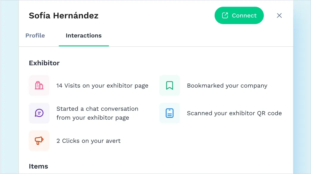 Swapcard UI showing behavioral interactions with exhibitor