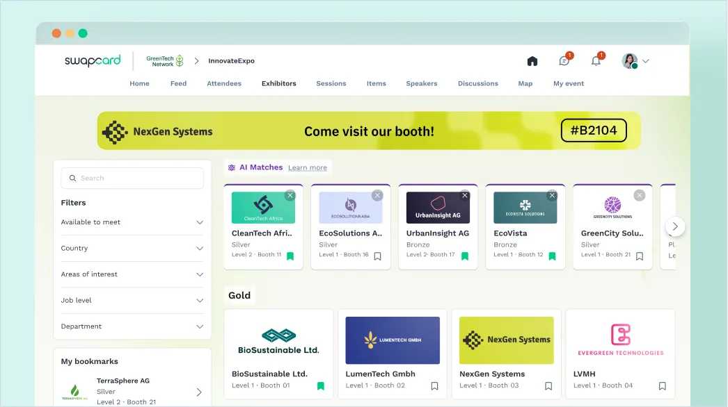 Swapcard event platform showing event exhibitors and sponsored banner ad above.