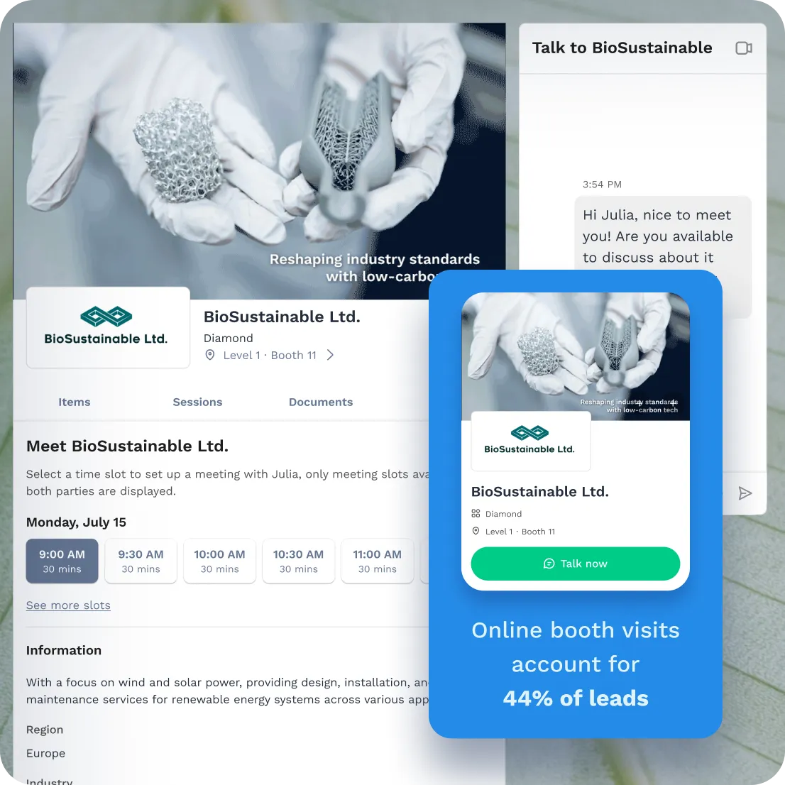 Online booth visits account for 44% leads according to Swapcard Report. Swapcard Exhibitor Profile showing exhibitor chat and meetings.