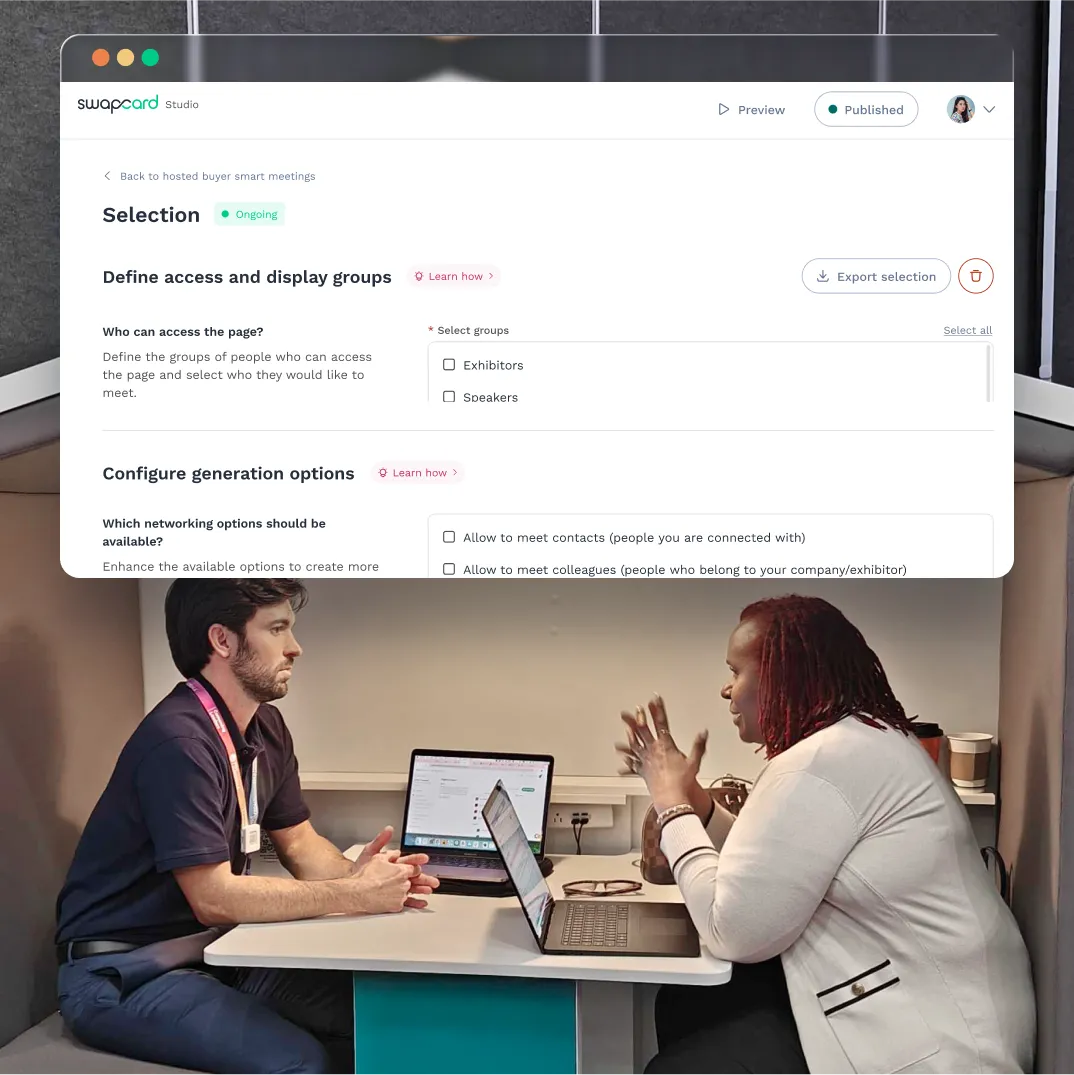 Selection menu to define access and configure generation options for Hosted buyer meeting with two event organizers chatting in a booth in the background.