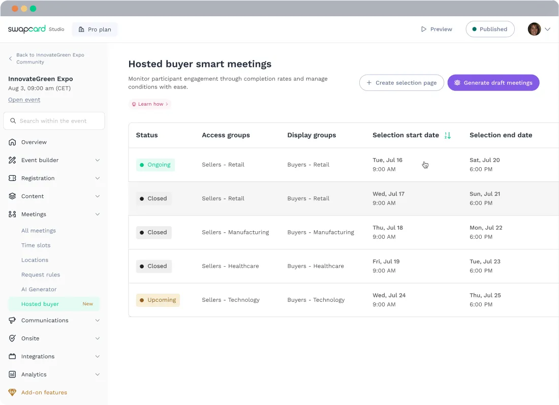 Hosted buyer dashboard showing options to create selection pages or generate draft meetings with the status and access groups for created meetings.
