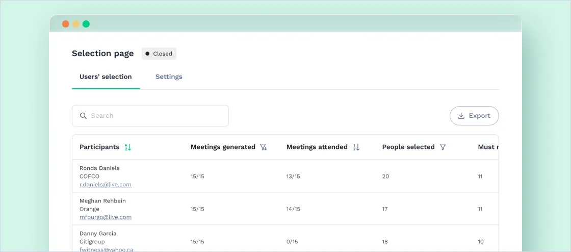 Selection page for hosted buyer participants on Swapcard