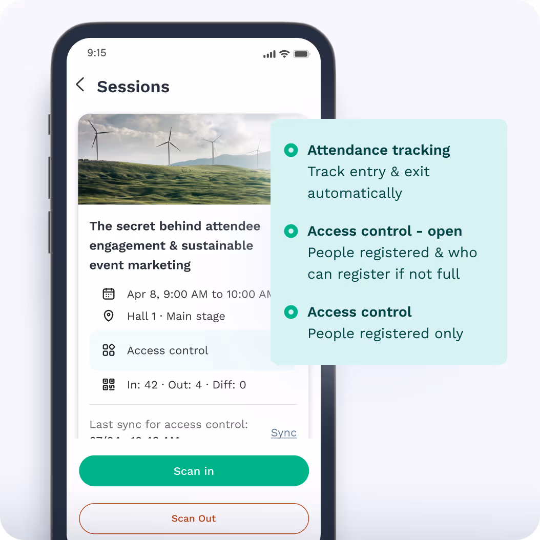 SwapAccess by Swapcard has three modes: attendance tracking for automated entry & exit, access control for people registered & if not full as well as access for only people registered.
