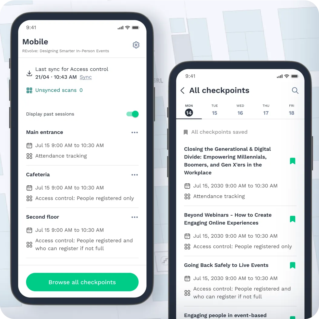 Mobile view of all checkpoints at event and which day, which session and where they apply to.