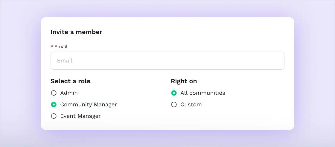 Swapcard UI showing how to invite a member and select role between admin, community manager, event manager etc.