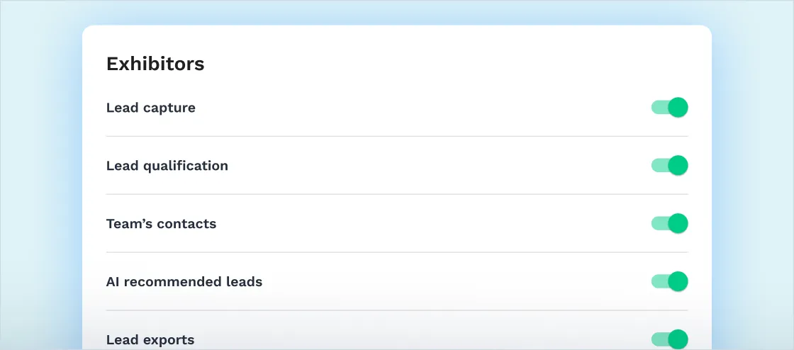 Swapcard permissions for exhibitors including: lead capture, lead qualification, team's contacts, ai recommended leads, and exports.