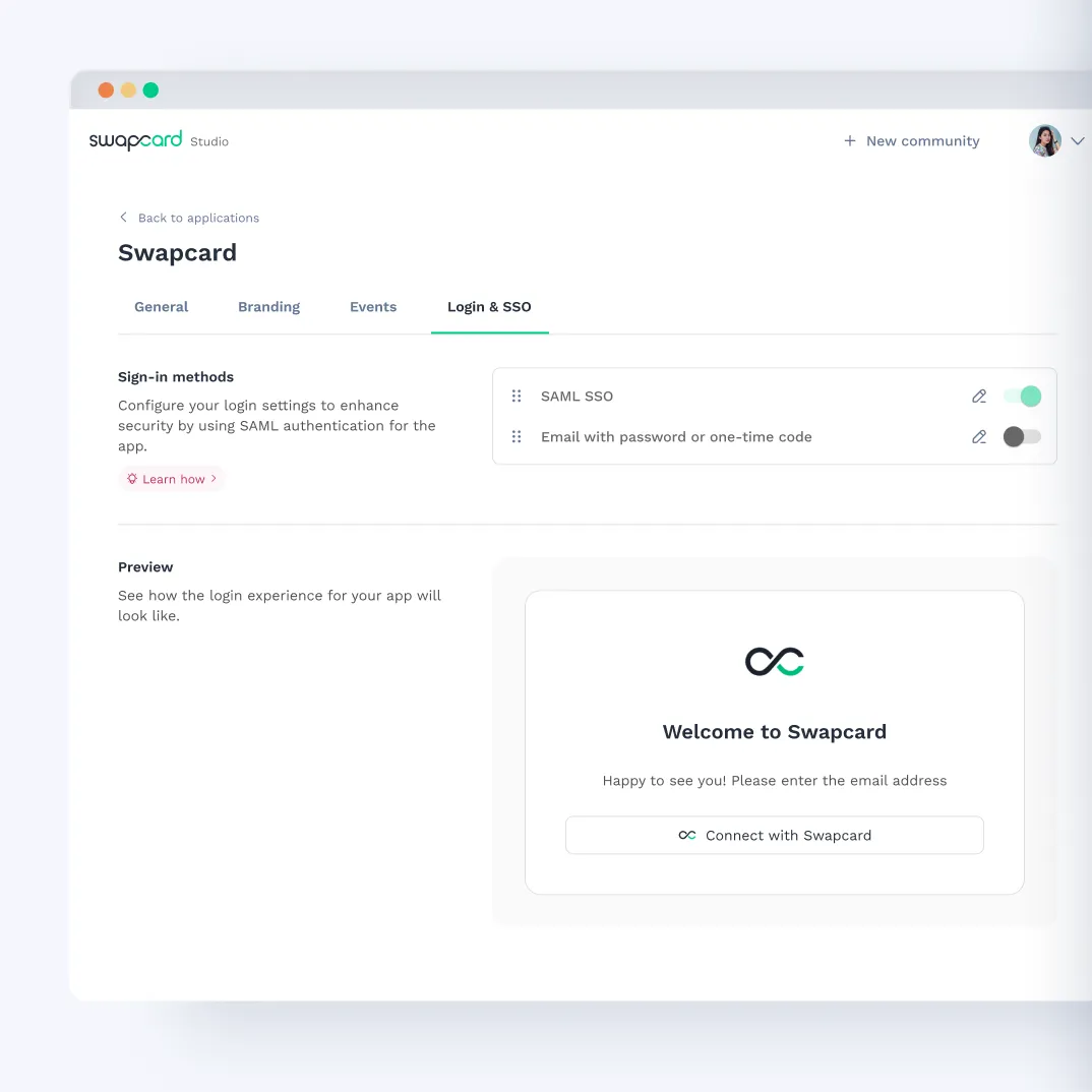 Swapcard platform showing multi-factor authentication and single sign on preview.