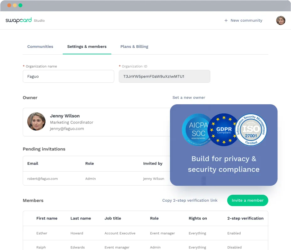 Swapcard studio showing Owner account and ability to administrate roles with a tag showing enterprise-grade security.