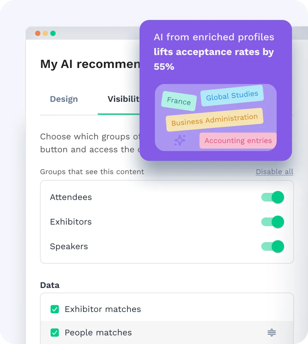 Swapcard AI recommendations with stat "AI from enriched profiles lifts acceptance rates by 55%"