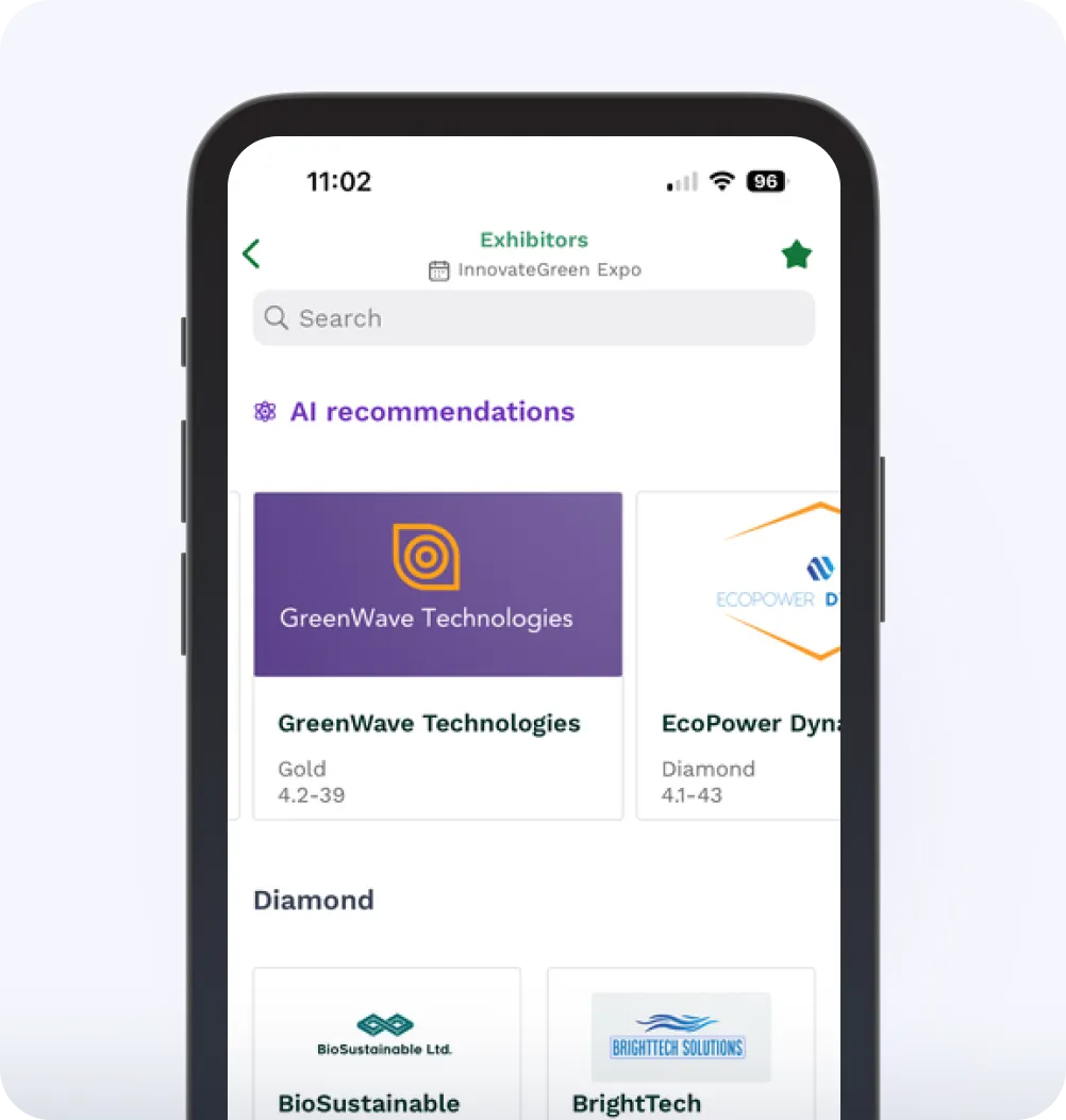Swapcard AI recommendations showing relevant exhibitors