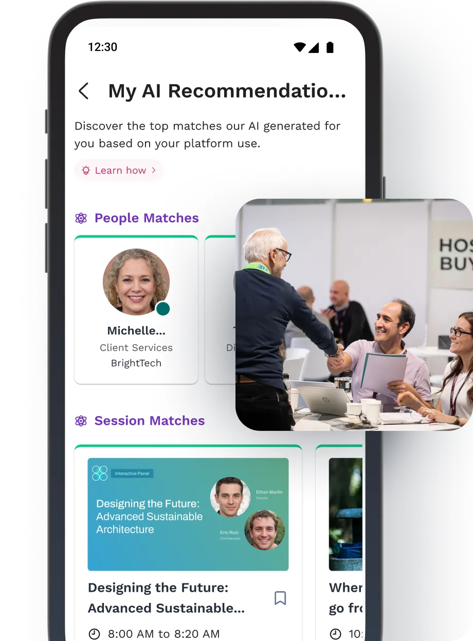 Swapcard AI recommendations for people session and exhibitors. 