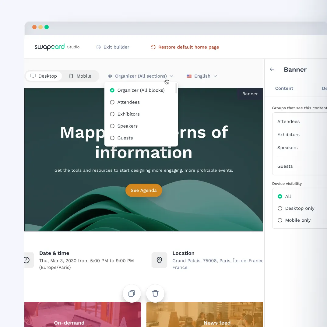 Swapcard home page builder viewed from the studio, showing visibility previews and ability to rearrange sections.
