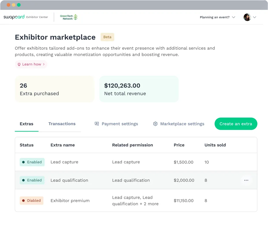 With Swapcard's exhibitor marketplace, organizers can view total revenue and add-ons purchased by exhibitors.  
