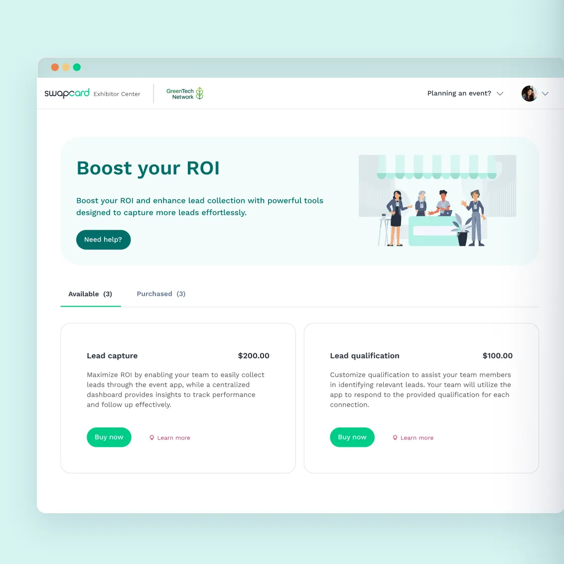 With Swapcard's exhibitor marketplace, exhibitors can purchase add-ons for lead generation and more to increase their ROI