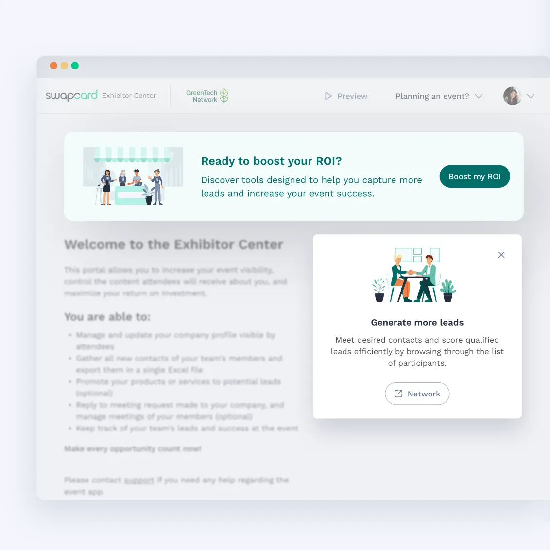 With Swapcard's exhibitor marketplace, exhibitors are prompted in the exhibitor center to purchase add-ons that will boost their ROI.