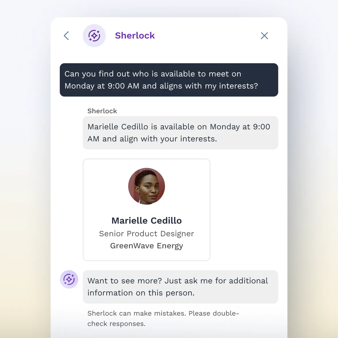 With Swapcard's Sherlock, attendees can use this conversational AI assistant to see who is available to meet that aligns with their interests.