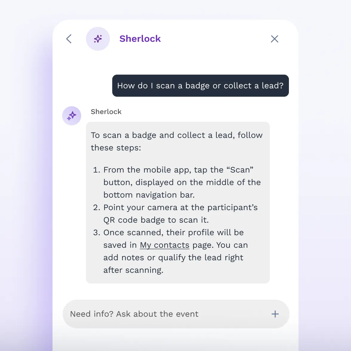 With Swapcard Sherlock event AI assistant, exhibitors can get information on how to collect leads.