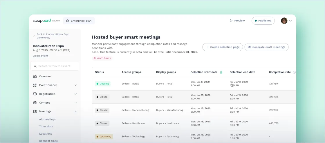 With Swapcard’s sponsor and exhibitor management software, show ad reports on views, clicks, and targeted groups