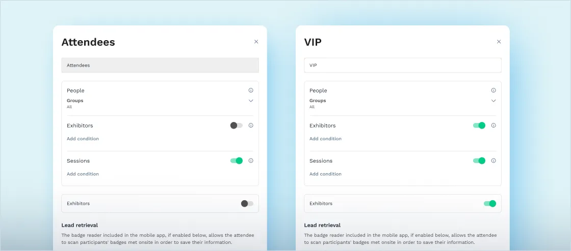 Swapcard event platform shows event exhibitors and sponsored banner ad above