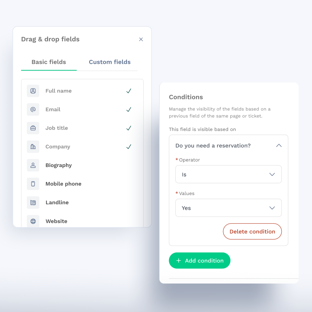 Swapcard’s event registration software allows a custom form builder for registration and the ability to add conditional logic and drag and drop form fields