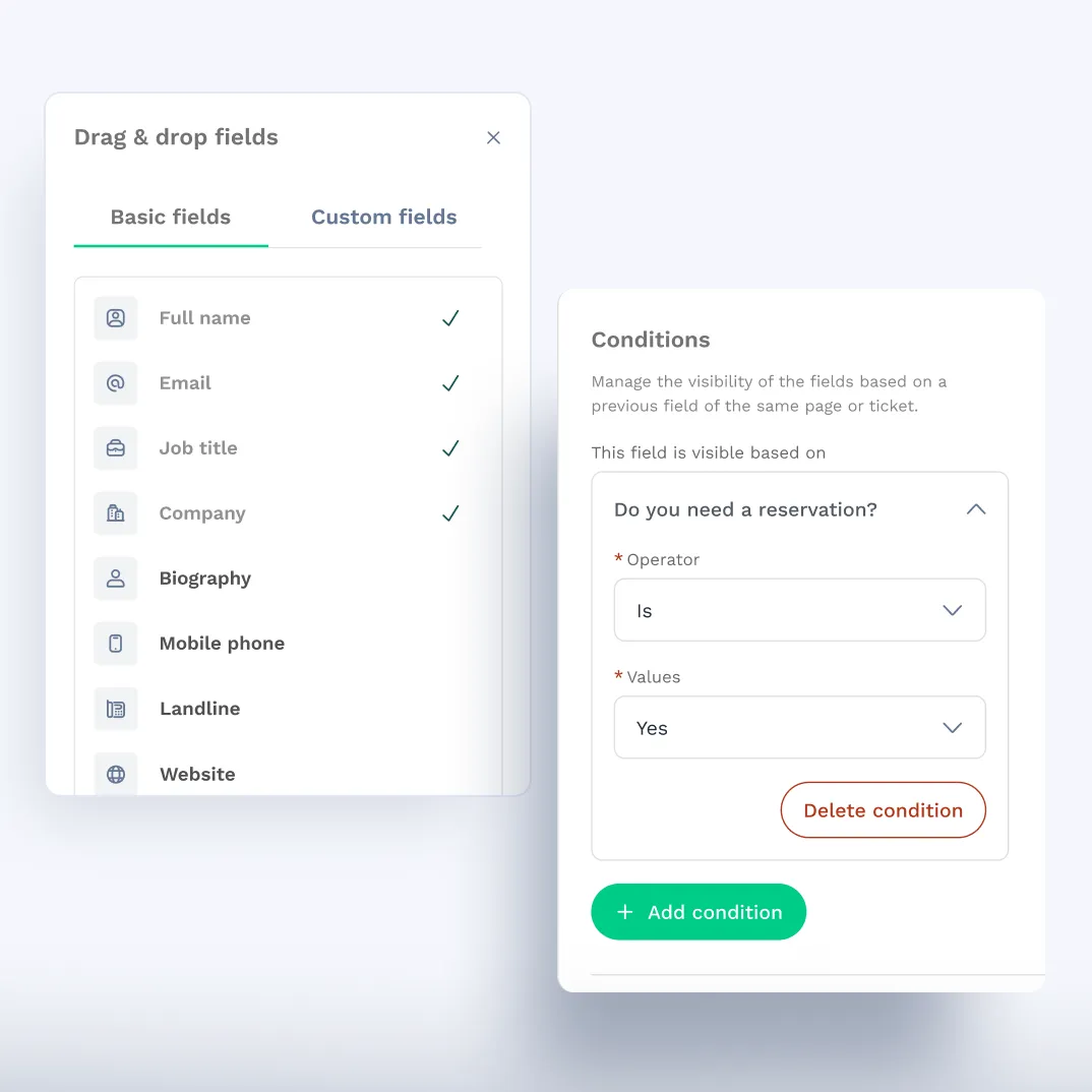 Swapcard’s event registration software allows a custom form builder for registration and the ability to add conditional logic and drag and drop form fields