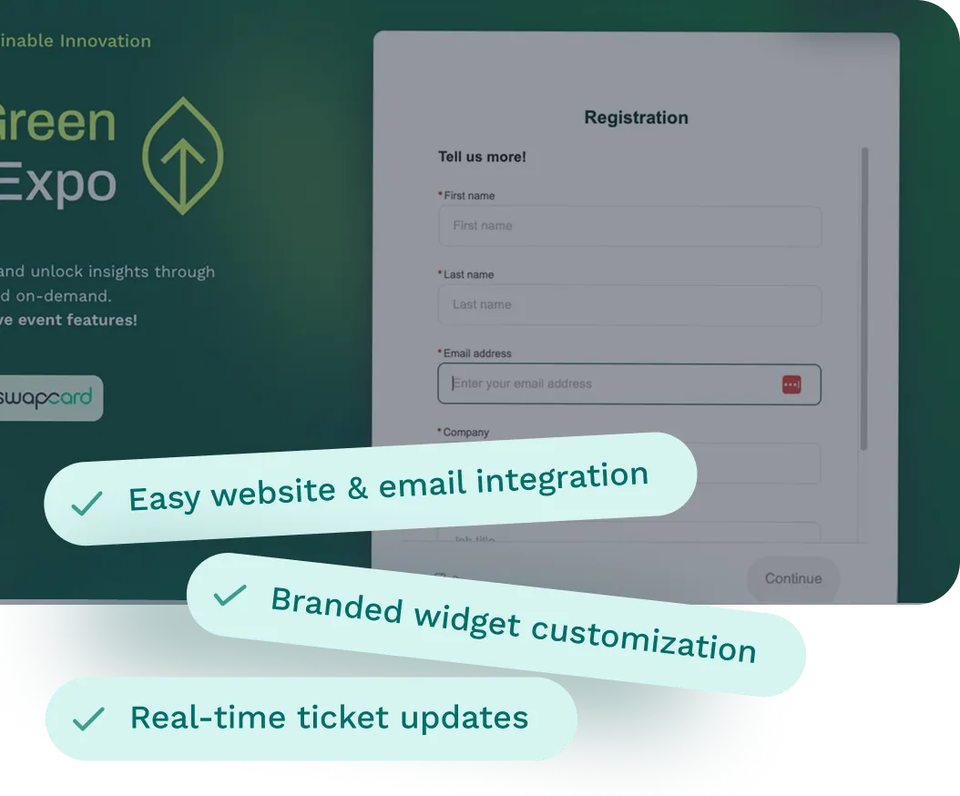 With Swapcard’s online event registration software, you can integrate with a website or email, customize with your brand, and get real-time ticket updates