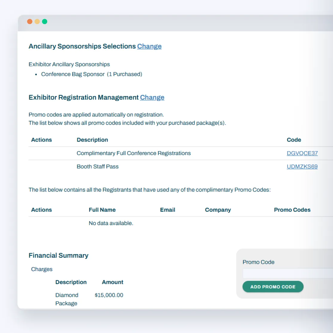 Exhibitor registration management in the Swapcard exhibitor portal where you can manage promo codes.