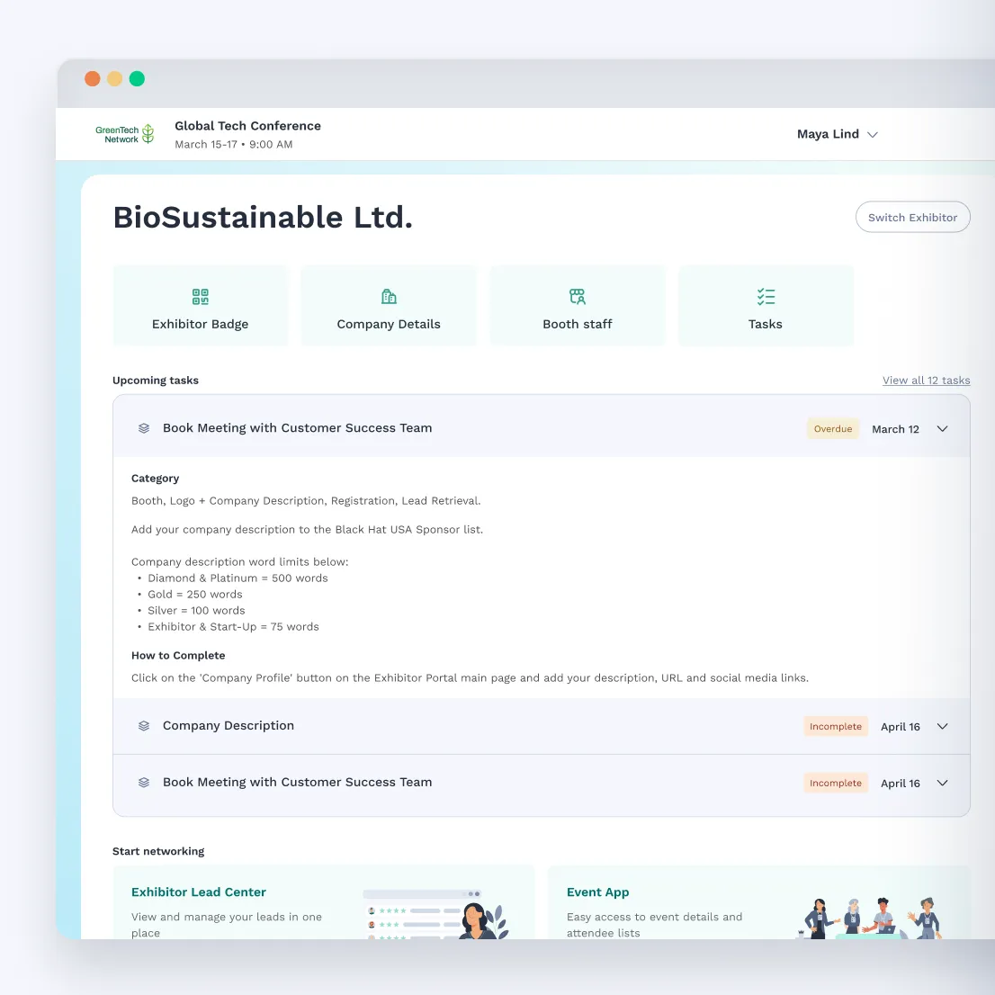 Exhibitor management portal within event registration software showing staff badges, company details, booth staff management, and add-on purchases 