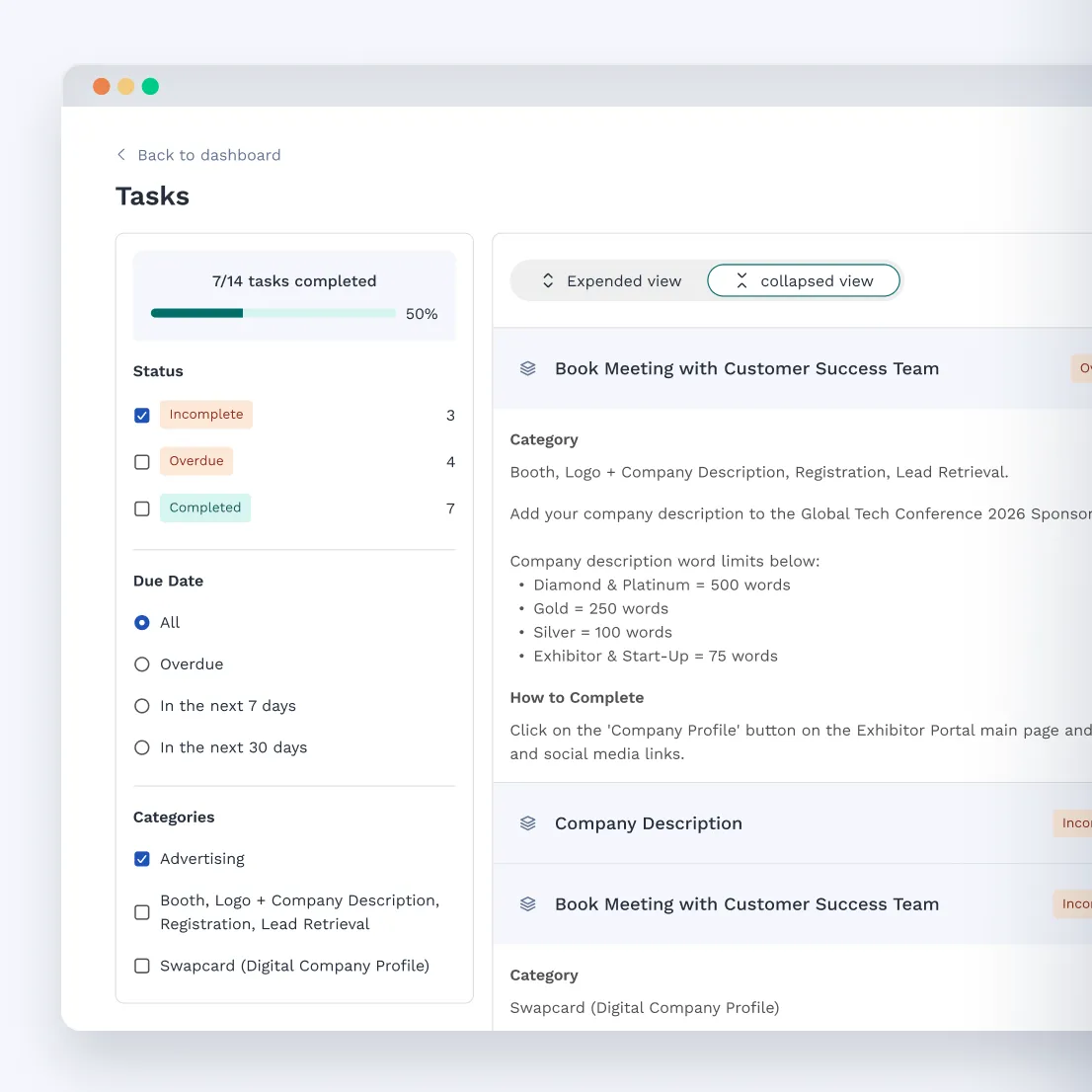 Swapcard Exhibitor Management Portal shows upcoming tasks and meetings + status bar