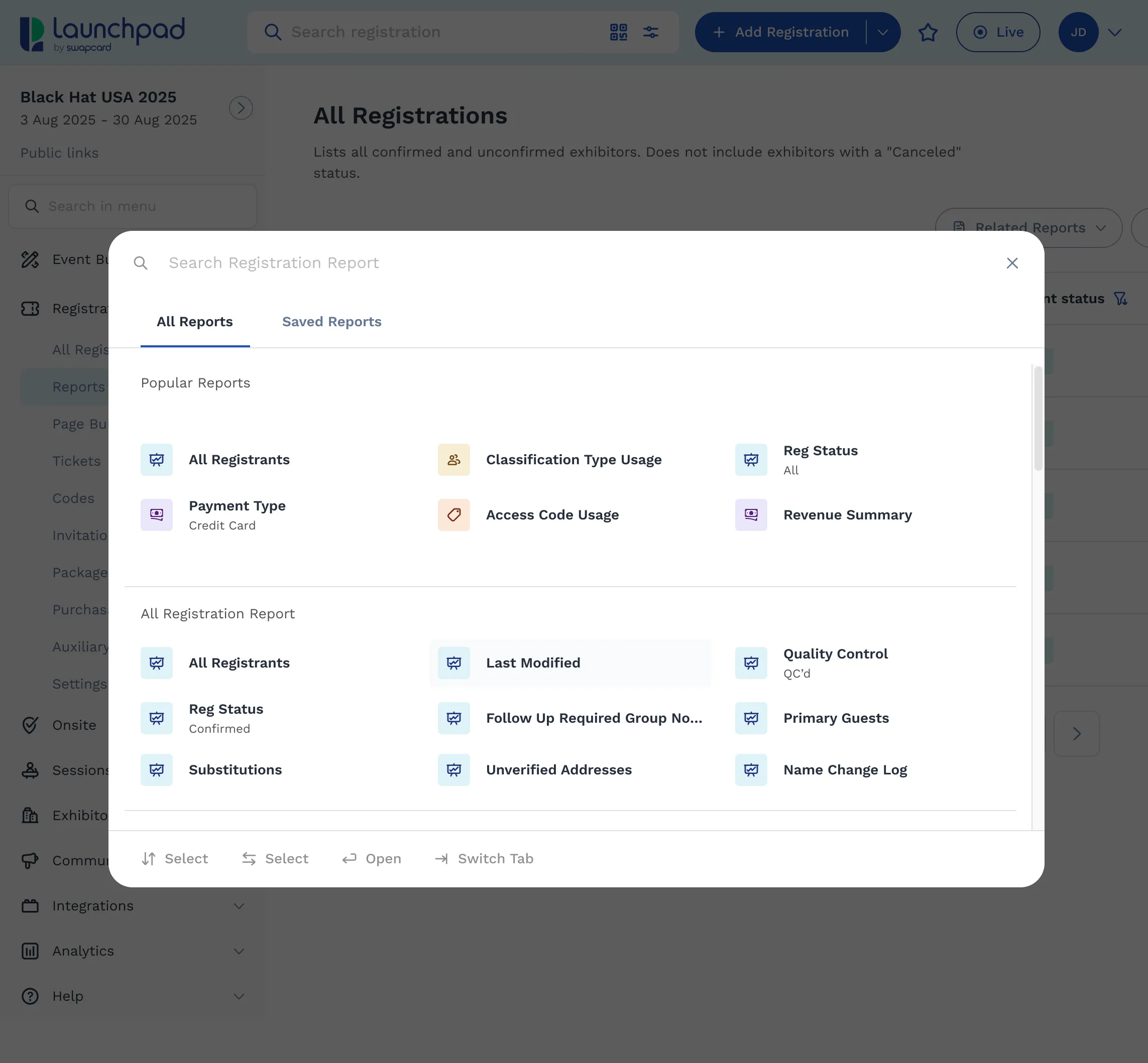 Analytics dashboard on Swapcard’s conference management software with downloadable reports