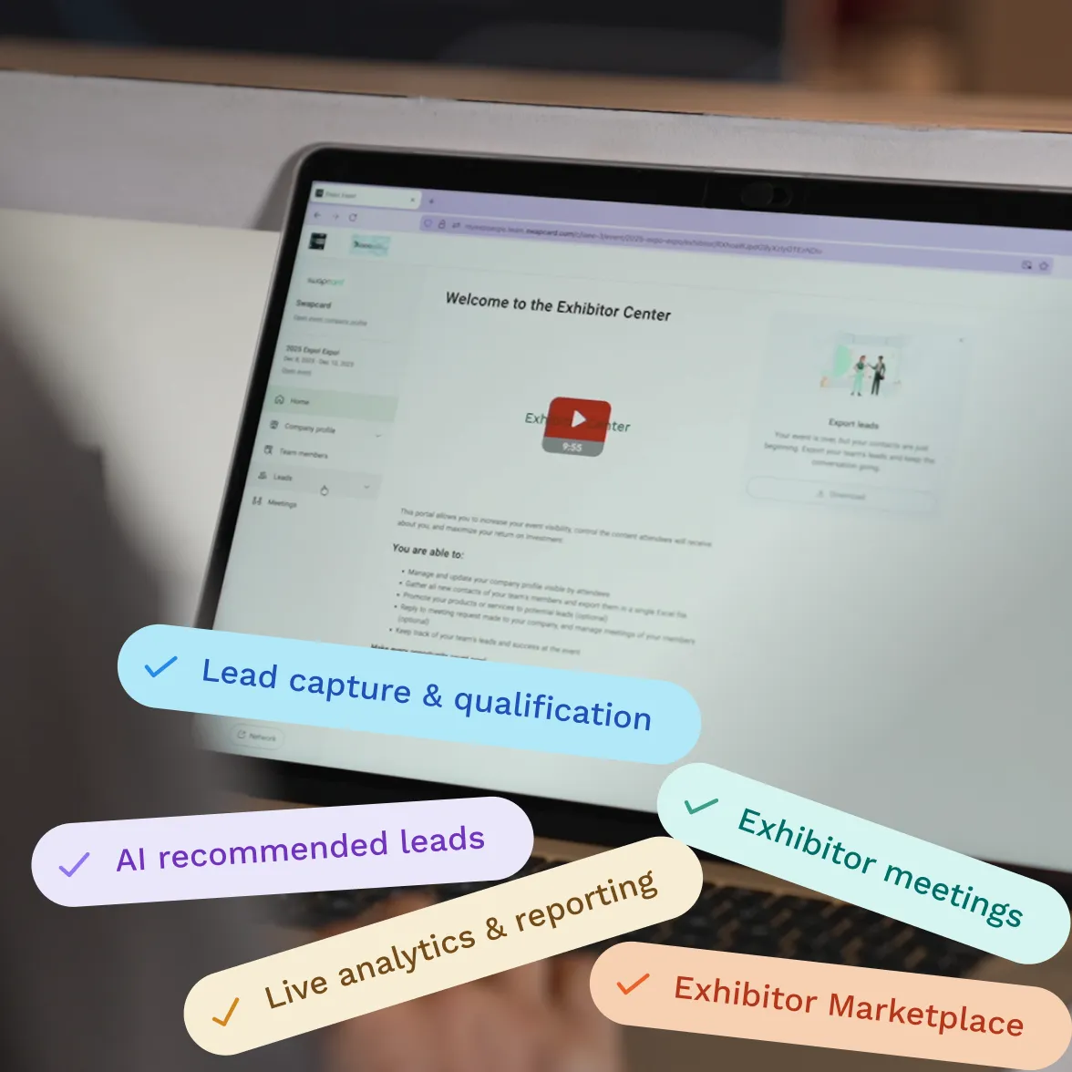 Exhibitor lead center showing different capabilities like lead capture, meetings, recommended leads, reporting and a marketplace.