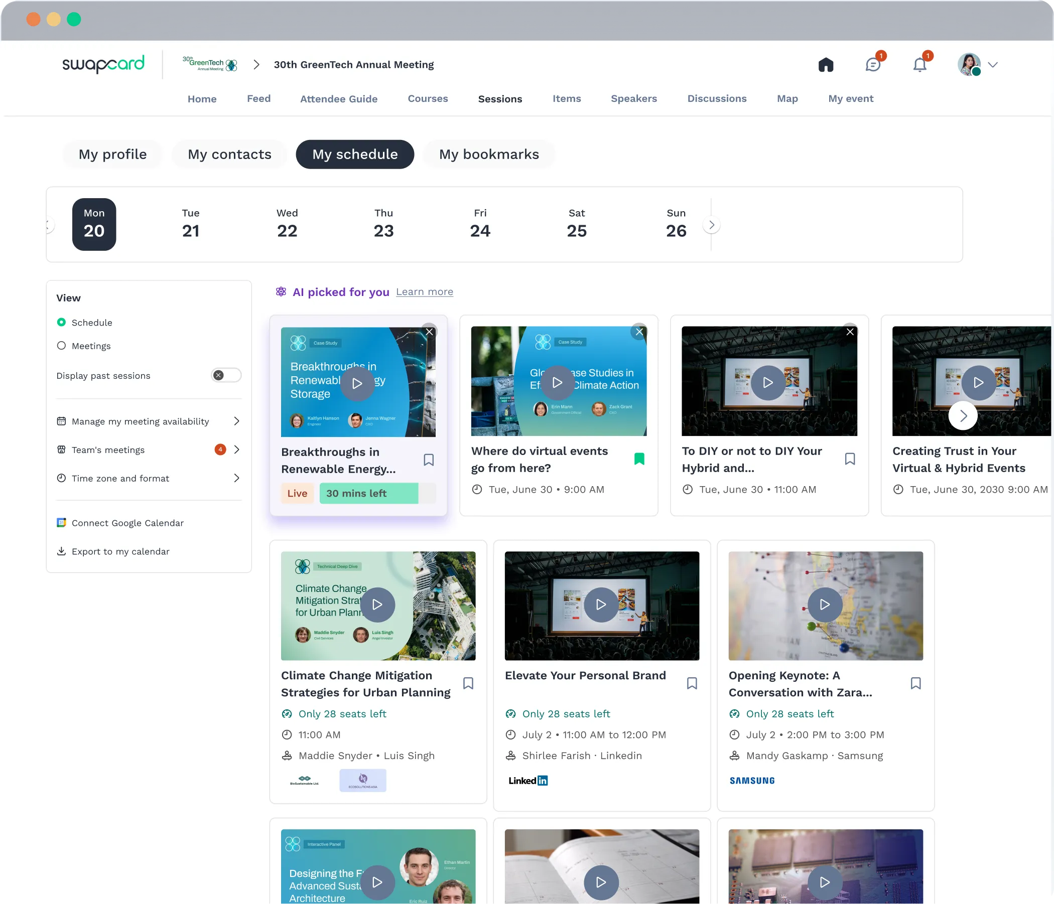 Swapcard dashboard for user's personal schedule with bookmarked and suggested sessions.