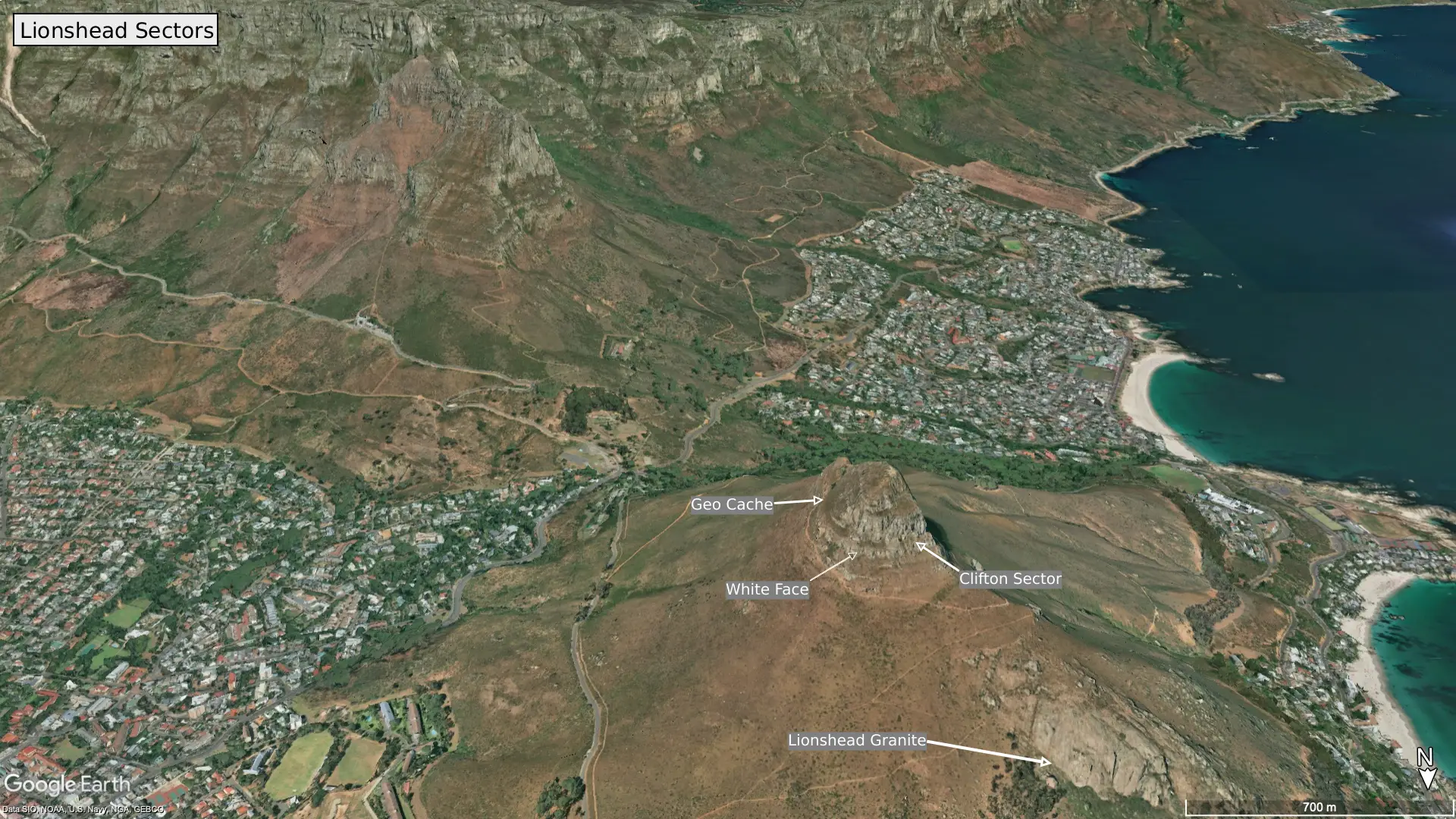 Geo Cache, White Face, Clifton Crest and Lionshead Granite sectors on Lionshead, Cape Town