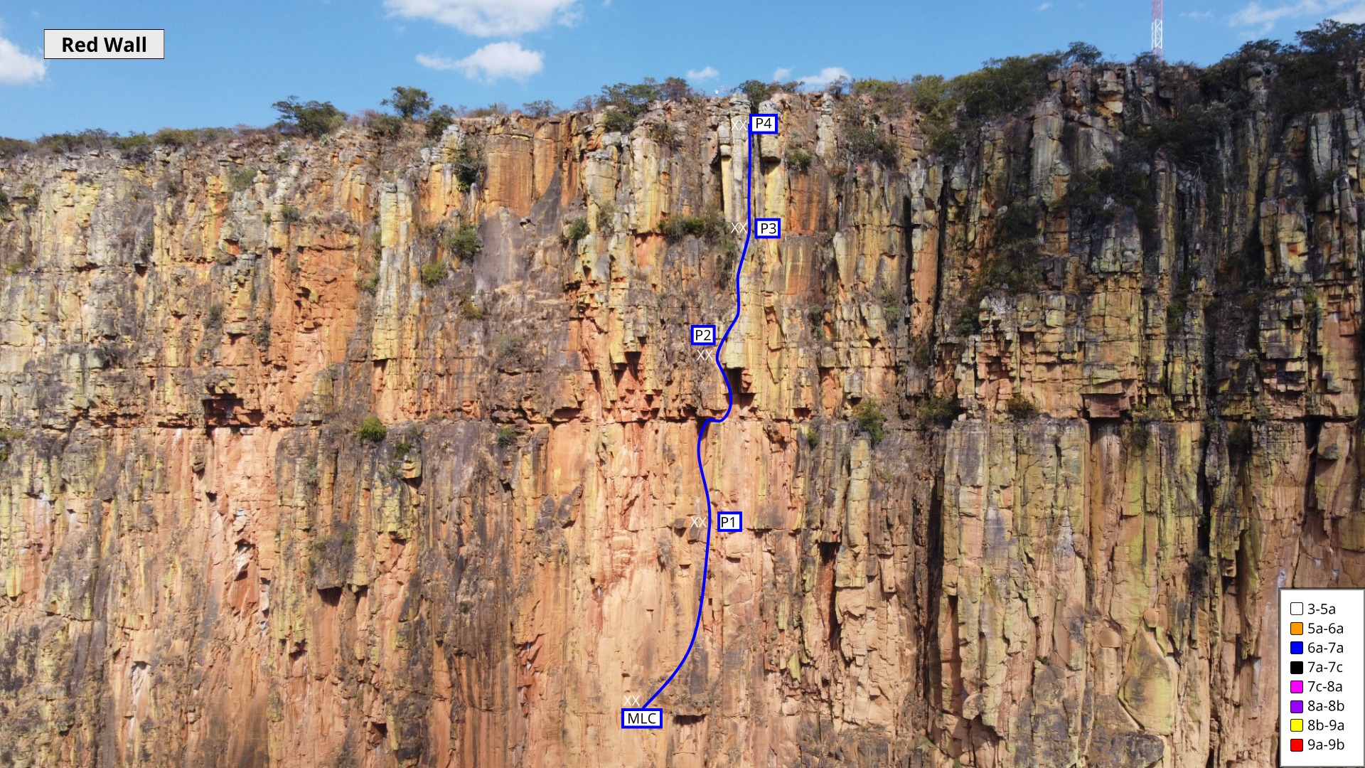 A large red wall with potential for more multi-pitch routes