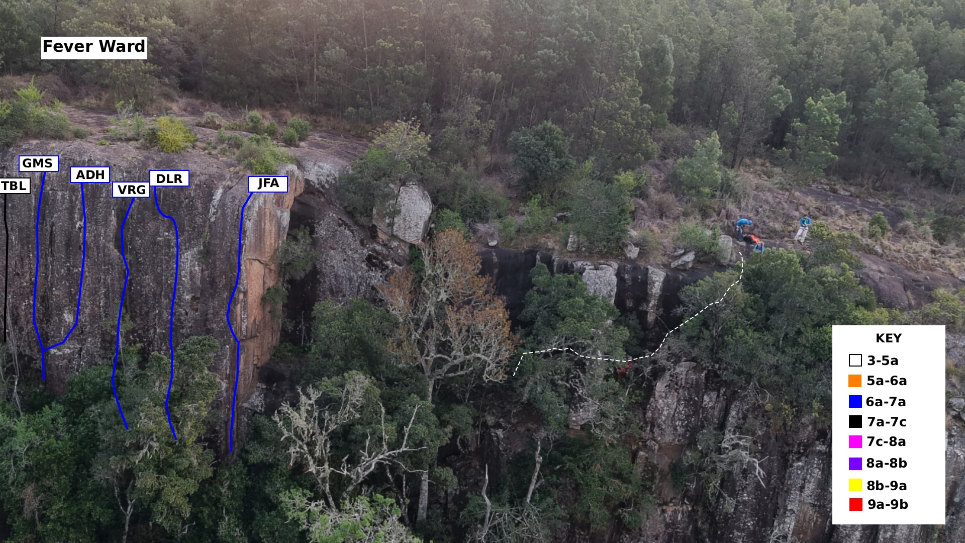 Small crag with intermediate sport route options grades 20-22 on average and one 25.