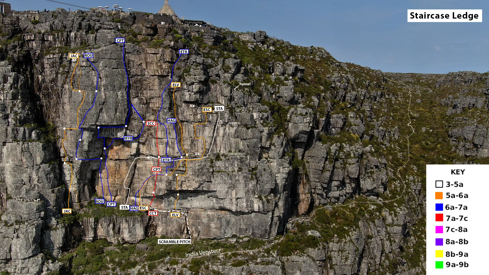 Climbing Route Topo for The Staircase Ledge, Fountain Ledge, Table Mountain