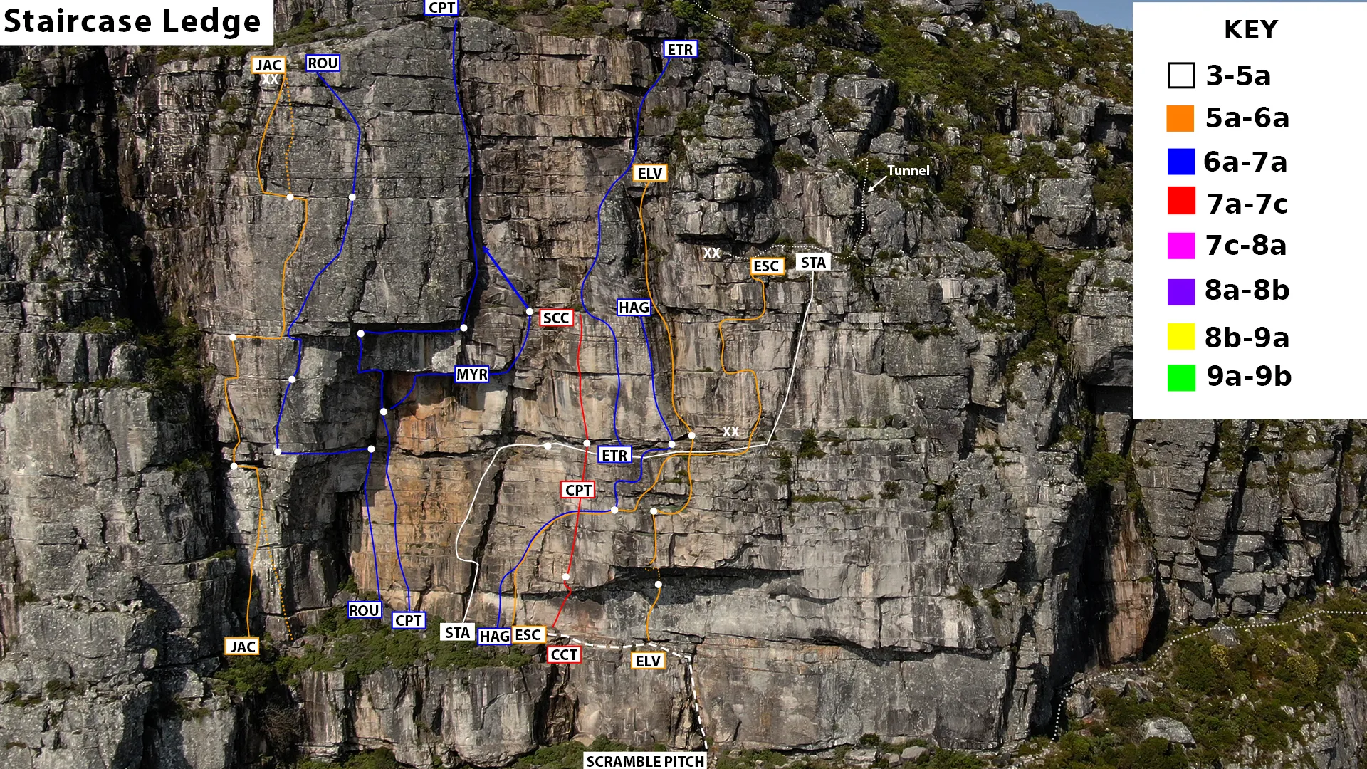 Close-Up Climbing Route Topo for The Staircase Ledge, Fountain Ledge, Table Mountain
