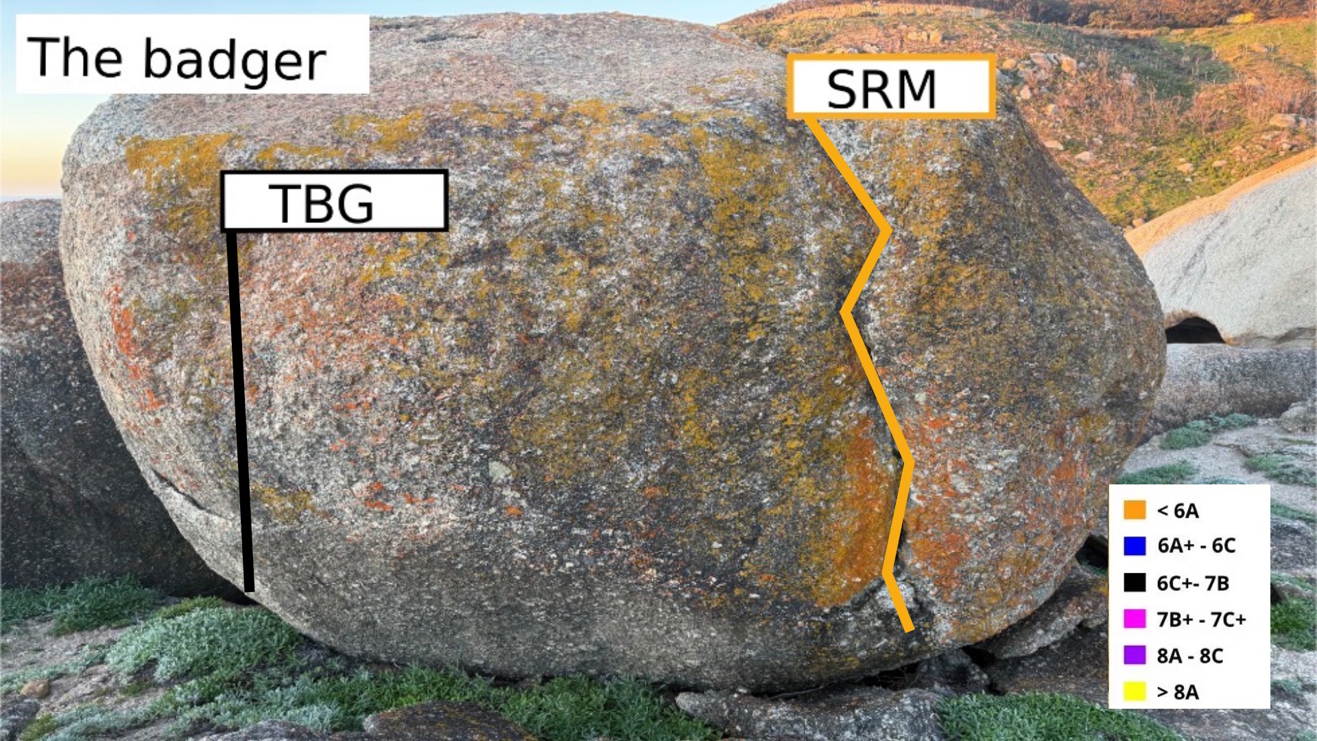 Three route boulder, 2 beginner lines and one harder 7B
