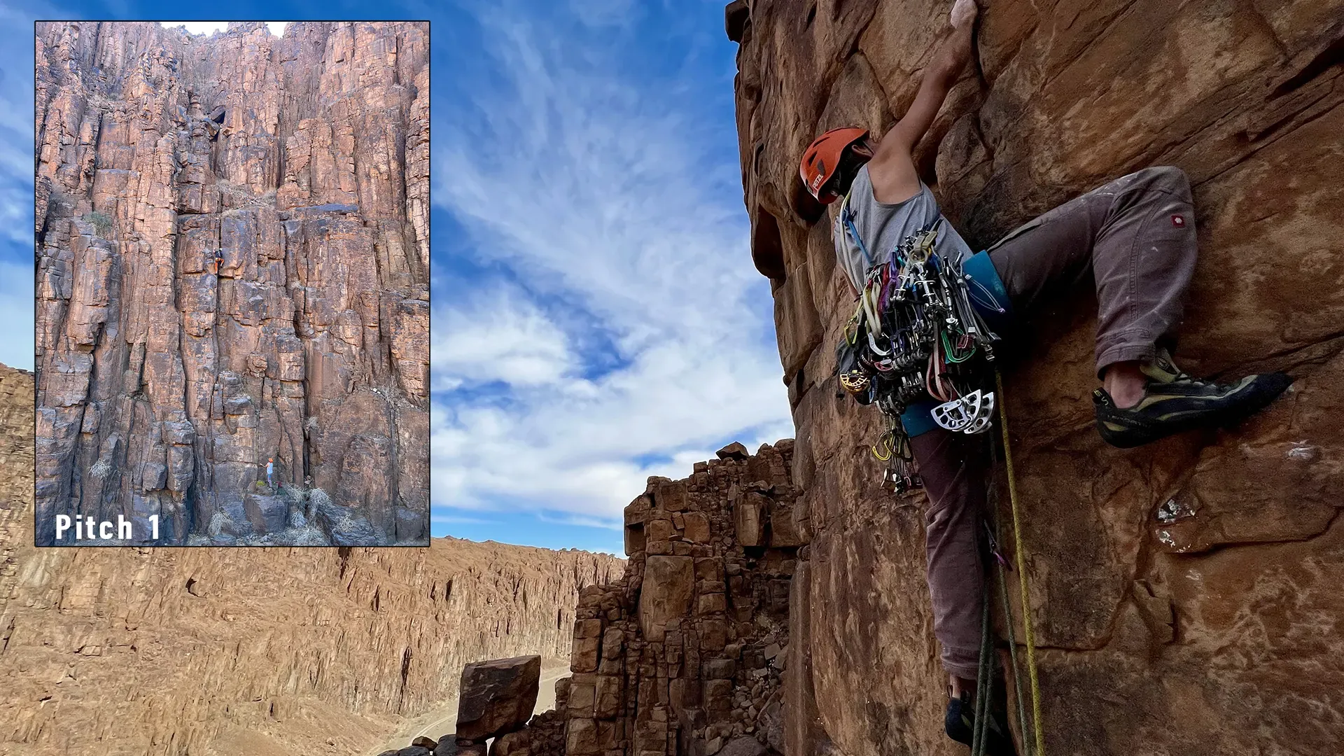 Tristan Firman climbing P1 (insert) & Stuart Wallis climbing P2 (main pic.), Cry Me A River, Aussenkehr