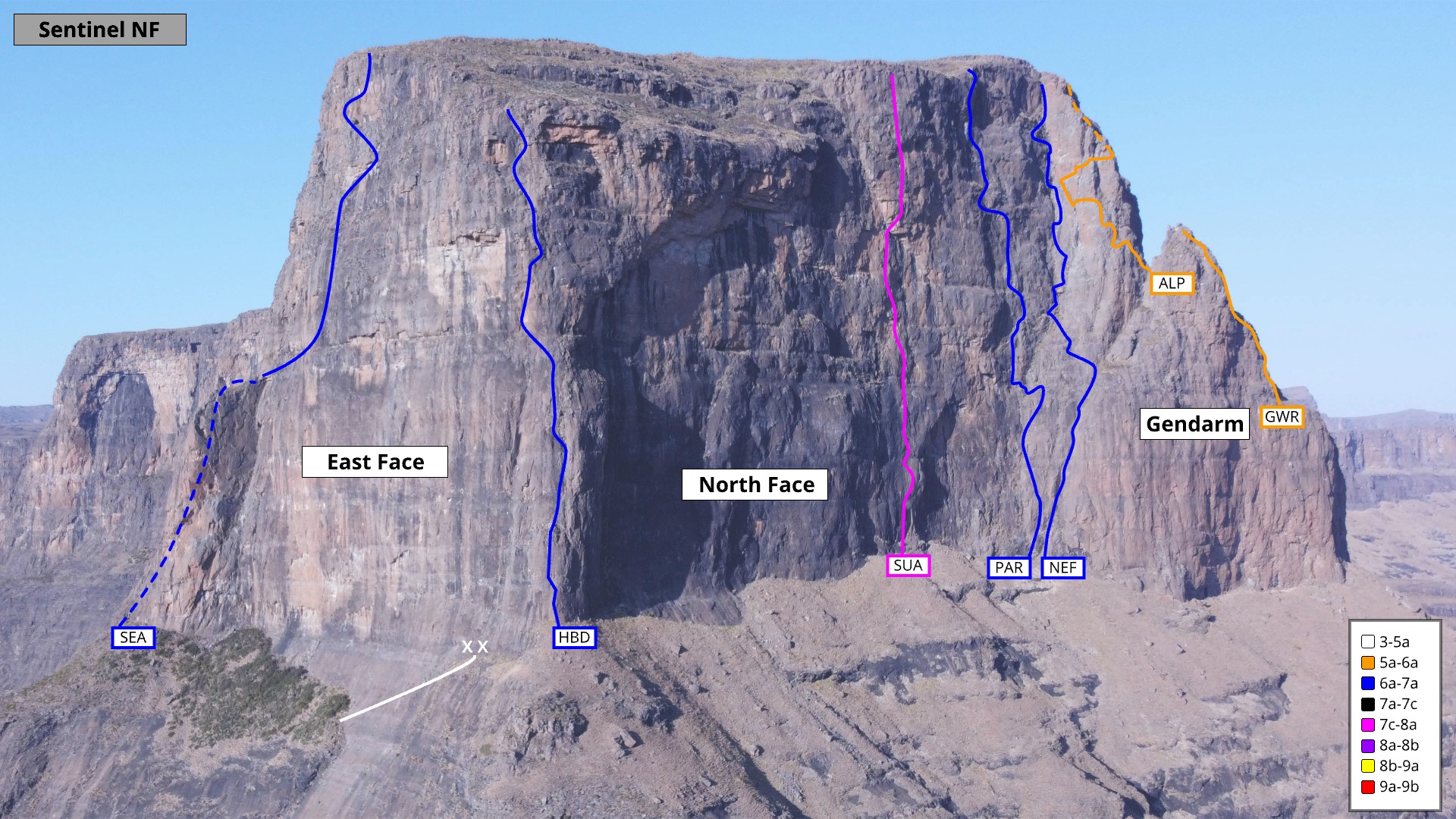 Climbing topo of the North Face of Sentinel peak, Drakensberg.